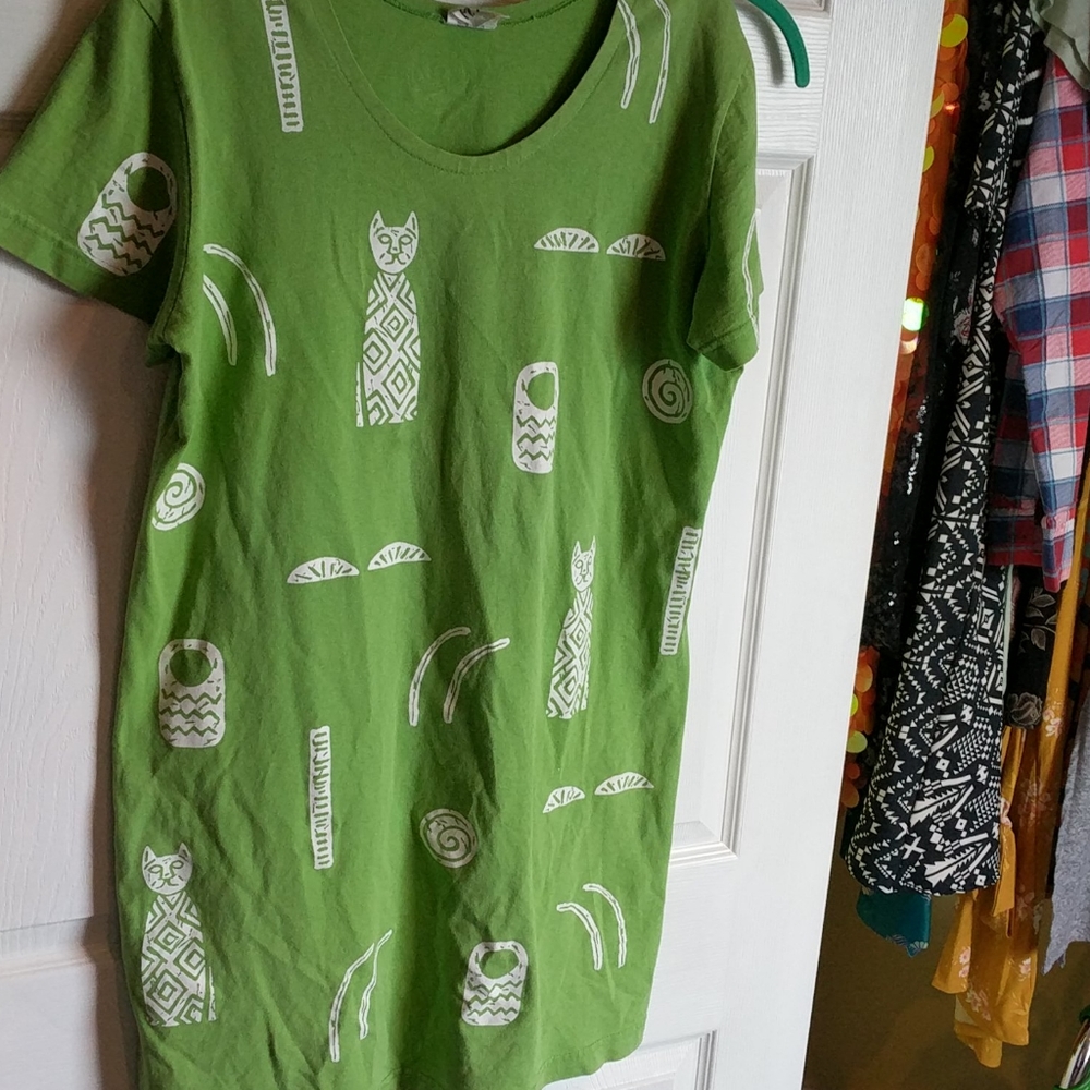 VINTAGE 80s 90s Batik Cat Print Beach Tunic Dress
